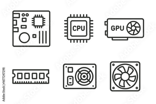 Computer hardware components line icon set. PC parts outline icons motherboard, CPU processor, GPU video card, RAM memory, power supply unit, cooler fan. Vector symbol.