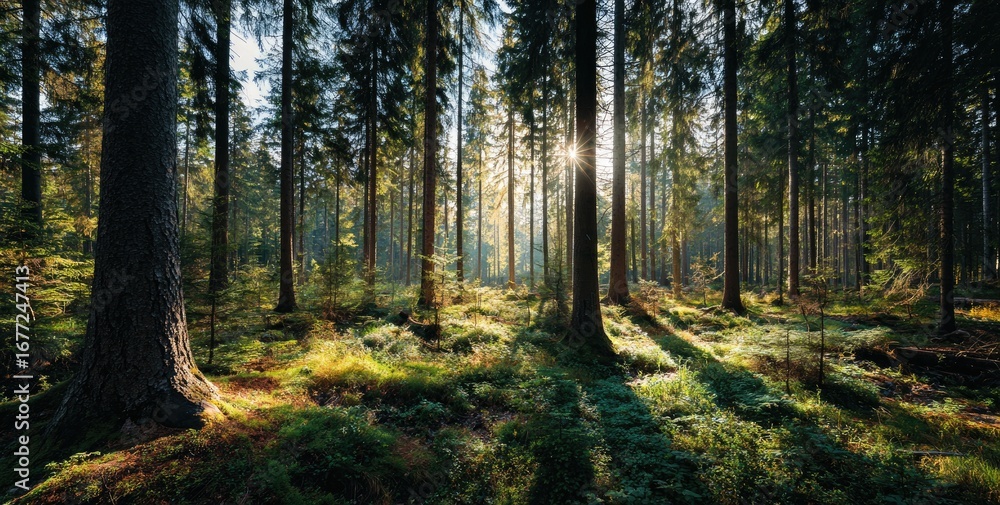 Obraz premium Sunlight filtering through a dense forest (1)