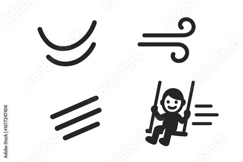 Swing motion icon set. Solid filled glyph pictograms of swinging child on a playground, wind gust, air flow, and movement lines. Happy kid vector illustration for web and mobile.