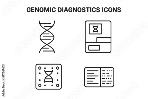 DNA sequencing and genomic diagnostic line icons. Vector symbols for genetic engineering, lab research, gene chip, helix analysis for science, and medical technology design.