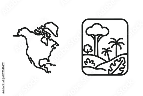 Continental biome outline icon set featuring North America map silhouette and tropical rainforest symbol. Vector graphic for travel, geography, nature, ecology, and climate concepts.