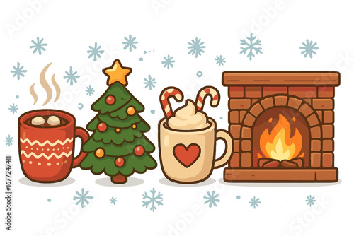 Festive Christmas scene with cozy fireplace, hot chocolate, and tree. Winter holiday vector illustration. Hygge home comfort concept with warm mugs, snowflakes, and decorations.
