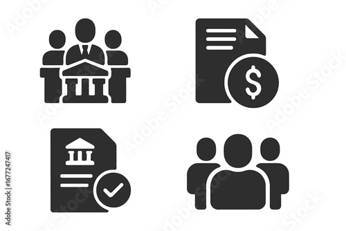 Governance icon set. Government meeting, budget allocation, policy document, and public council icons. Vector glyph symbols for law, finance, legislation, and administration.