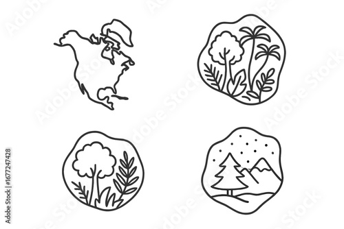 North America continent map outline and nature biome icons. Vector set of different climate zones: temperate forest, tropical jungle, and taiga alpine mountain landscape line art.