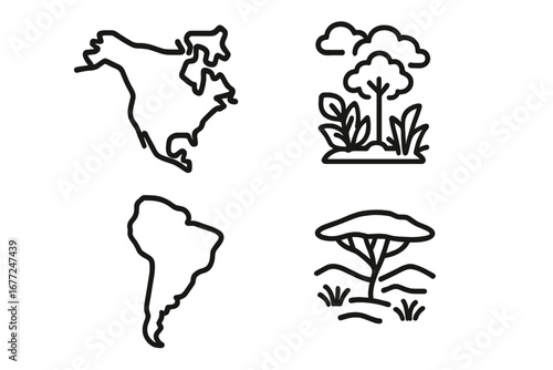 Continental biome outline icon set with North and South America map silhouettes. Includes Amazon rainforest and savanna ecosystem symbols. Vector line art for geography concepts.