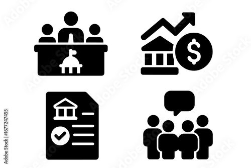 Governance solid icon set. Vector symbols for government, council meeting, budget allocation, public finance, policy document, legislation, and community consultation concepts.
