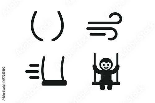 Swing motion solid filled icon set. Includes swinging arcs, wind gust symbol, moving swing, and happy child pictogram. Vector graphics for playground fun and childhood concepts.