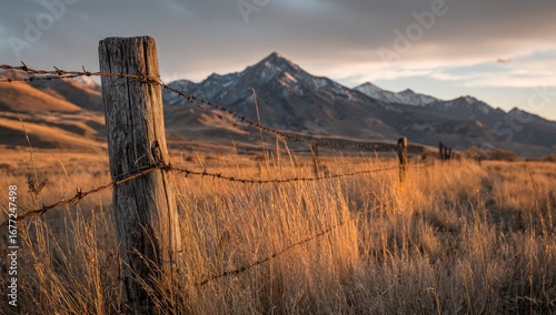 Weathered wooden fence post with rusty barbed wire in foreground, golden grasses, snow-capped mountains under a partly cloudy sunset sky