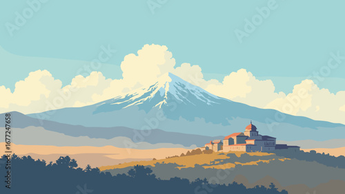 Mount Ararat rising from the plains with a monastery in the foreground, Turkey
