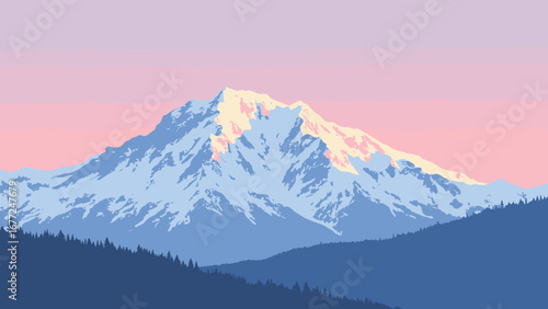 Snow-covered Mount McKinley bathed in soft pink alpenglow, Alaska, USA