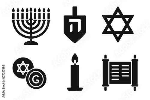 Hanukkah solid glyph icon set. Jewish holiday symbols collection. Menorah, dreidel, Star of David, gelt, Torah scroll, and candle. Judaism tradition vector illustration.