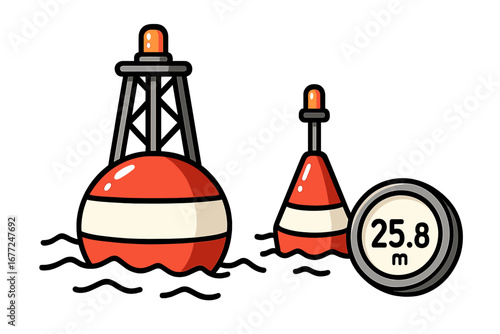 Set of marine navigation buoys and a digital depth meter. Vector cartoon illustration of sea safety equipment. Floating beacon, marker and gauge for measuring oceanic conditions.