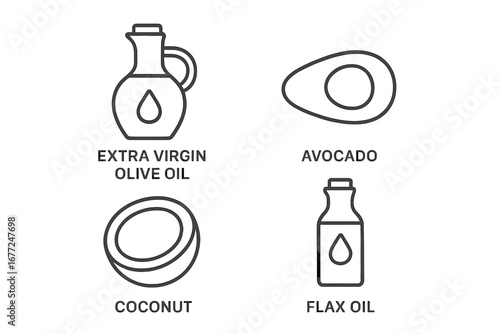 Healthy oils and fats outline icon set. Extra virgin olive oil, avocado, coconut, flax seed. Vector icons for nutrition, diet, and cooking. Minimalist line art symbols.