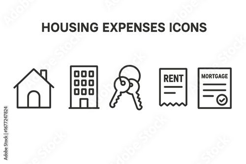 Housing expenses icon set. Line icons for real estate, mortgage payment, and rent. Includes house, apartment building, keys, rental receipt, and mortgage loan document concepts.
