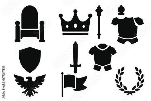 Power and royalty symbols glyph icon set. Authority and monarchy concept vector silhouettes. Includes throne, crown, scepter, shield, sword, armor, heraldic eagle, flag, laurel.
