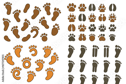 Vector set of human footprints and animal tracks. Collection of paw prints from dog, cat, bear. Hoof prints from deer. Bigfoot, sasquatch, or yeti silhouette steps icon.