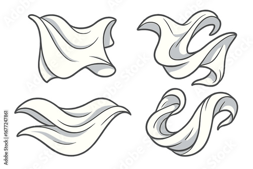 Fluid white fabric sheets in motion creating dynamic abstract patterns on a neutral background. Artistic vector cartoon illustration with flowing, smooth cloth textures and transparent backdrop.