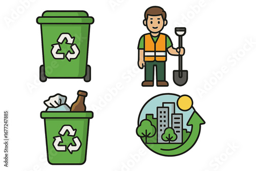Waste management icon set. Recycling and environmental sustainability in urban city. Garbage collection, sanitation worker, trash can, green eco city vector cartoon icons.