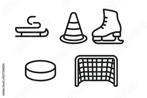 Ice skating and hockey outline icon set. Winter sports activity symbols. Vector collection with figure skate, puck, goal net, training cone, and sled for design elements.