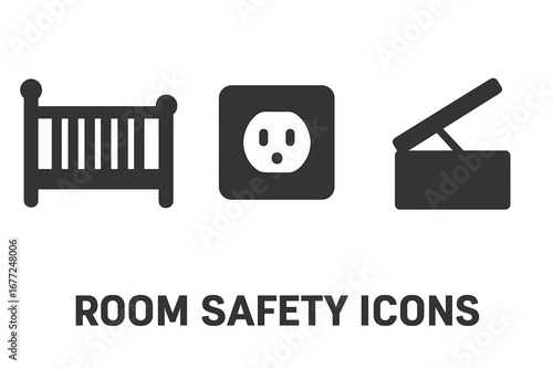 Child safety at home icon set. Baby proofing a nursery. Vector solid glyphs of a crib, electrical outlet, and toy chest with lid support. Toddler protection concept illustration.