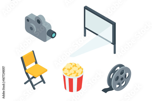 Rooftop cinema isometric icon set. Outdoor movie night concept with projector, screen, folding chair, popcorn and film reel. Vector elements for an open-air film festival.