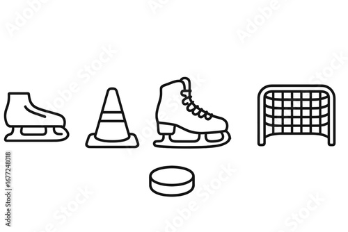 Ice skating and hockey icon set. Vector line art symbols for winter sports. Includes figure skate, speed skate, hockey puck, goal net, and training cone for rink activities.