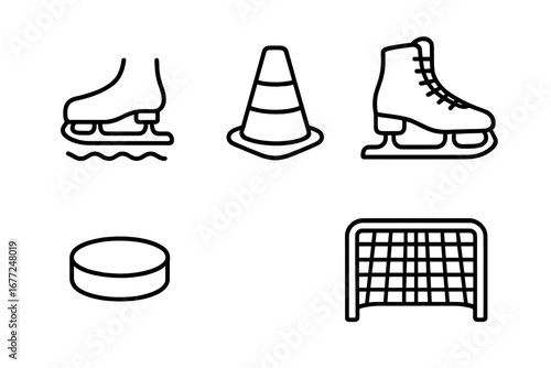 Ice skating and hockey icon set. Winter sports activities outline icons. Vector collection of figure skate, puck, goal net, and training cone for web and print design.