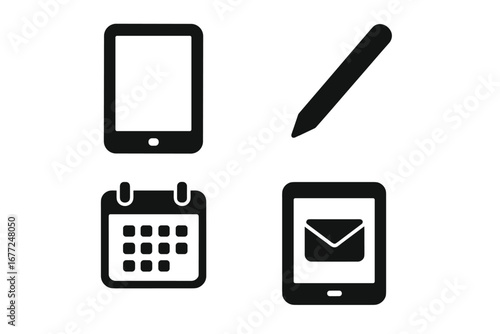 Tablet work solid glyph icon set. Business productivity symbols. Digital device, stylus pen, calendar schedule, and email communication vector illustration for apps and web.