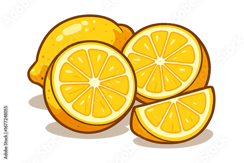 Freshly sliced vibrant yellow lemons with juicy texture, vector cartoon illustration showcasing citrus fruit halves and wedges on clean surface, transparent background, ordered composition