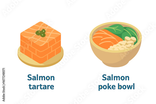 Salmon menu icons with tartare and poke bowl. Isometric flat vector illustration set for a seafood restaurant. Healthy fresh raw fish meal and appetizer concepts design.