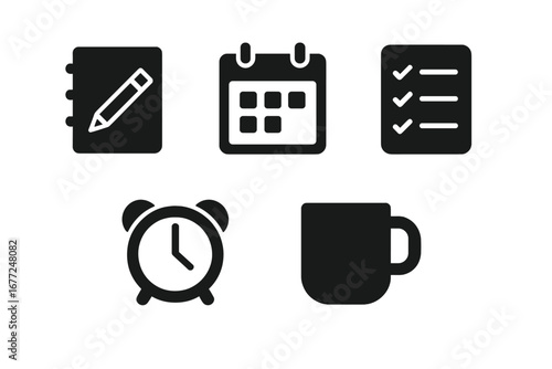 Daily planning vector icons. Morning routine, time management, business productivity symbols. Solid glyph collection of calendar, checklist, notebook, alarm clock, coffee cup.