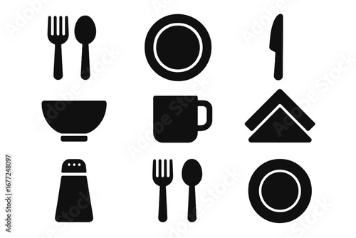 Tableware solid glyph icon set. Cutlery and kitchen tools vector collection. Dining symbols silhouette for restaurant. Fork, spoon, knife, plate, bowl, cup, salt shaker.