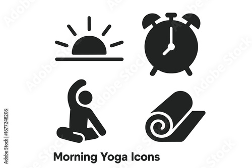 Morning yoga solid icons set. Healthy lifestyle routine and wellness ritual symbols. Sunrise, alarm clock, stretching person and rolled mat. Simple flat vector pictogram collection.