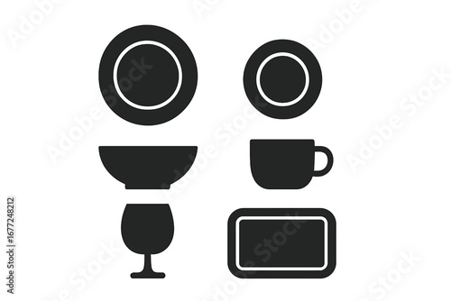 Tableware and dishware solid glyph icons set. Vector collection of minimalist silhouettes: dinner plate, bowl, coffee cup, drink glass, and serving tray for web or menu.