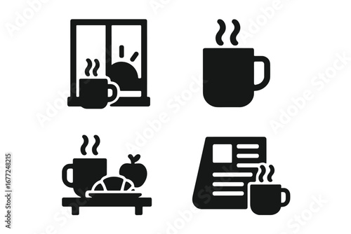 Morning routine solid glyph icons. Breakfast with hot tea or coffee, newspaper, and food. Vector illustration set of a serene morning with sunrise, mug, and croissant.