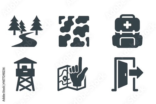 Tactical icons set. Military glyph collection. Forest path, camouflage, medic pack, lookout tower, navigation map, escape route. Army survival and strategy symbols.