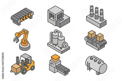 Isometric industrial equipment icons set. Factory automation, machinery, and production symbols. Robotic arm, conveyor belt, forklift vector. Manufacturing technology concept.