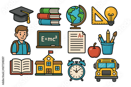 Education icon set. Back to school concept. University, college elements. Student, book, globe, bus, graduation cap. Learning, knowledge symbols. Vector cartoon illustration.