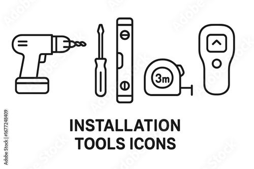 Installation tools icon set. Outline vector graphic collection of handyman equipment. Power drill, screwdriver, spirit level, tape measure, and stud finder line art symbols.