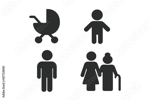 Family life cycle icon set. Multi-generational concept vector. Baby stroller, child, adult, and senior citizen pictograms. Human aging process and people generations.