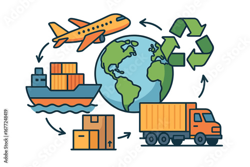 Global logistics and supply chain management illustration with transportation modes and recycling process, modern vector style, cartoon icons for business and industry concepts