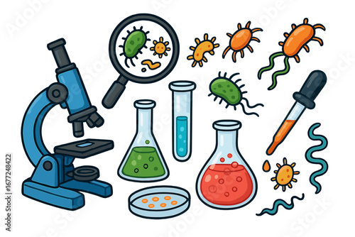 Scientific research laboratory tools and microorganisms illustration, cartoon-style vector graphic showing microscope, test tubes, petri dish, pipette, and bacteria for science experiments