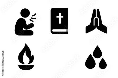 Religion solid glyph icons set. Sacred practice symbols. Christian faith, prayer, worship, spirituality concepts. Holy bible, praying hands, baptism, chant pictogram collection.