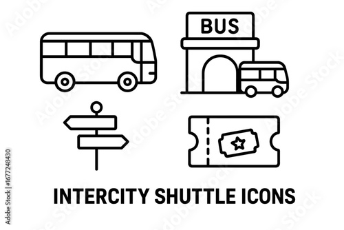Intercity shuttle bus line icons. Vector set for public transportation concepts. Includes coach, terminal station, route signpost, and travel ticket symbols for web and app design.