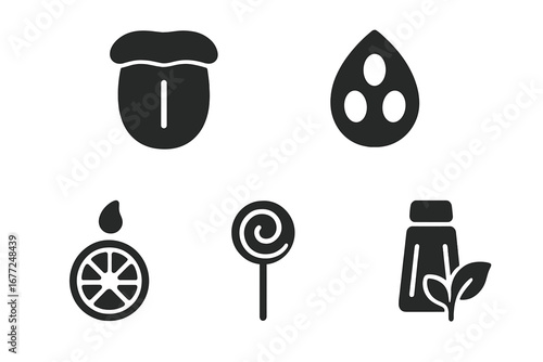 Taste icons set. Basic human senses concept. Tongue, taste bud, sour lemon, sweet lollipop, salty shaker symbols. Flavor glyph pictograms for food and drink design vector pack.