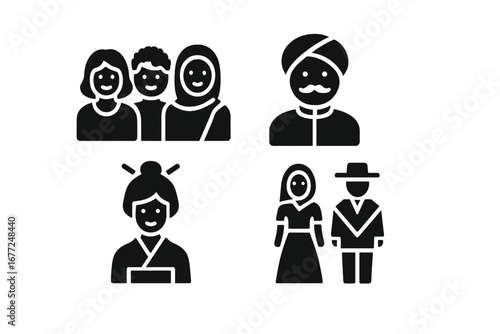 Multicultural people icon set. Vector glyphs of diverse cultures. Japanese geisha, Indian man, Muslim woman, Latin couple. Traditional costumes. Diversity, ethnicity concepts.