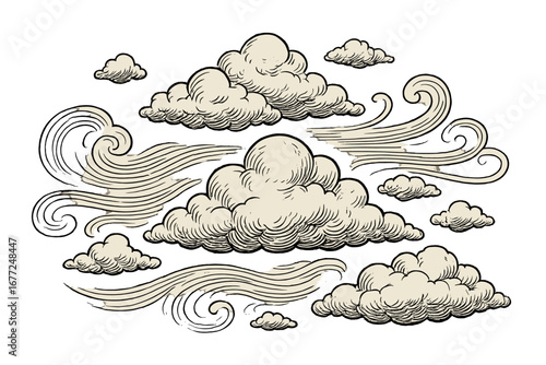 Vintage engraving clouds and wind illustration set. Hand-drawn retro sketch of fluffy cloudscape elements. Antique celestial weather symbols with decorative sky swirls and streams.