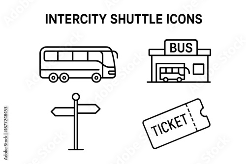 Intercity shuttle bus icon set. Public transportation linear symbols. Coach, bus terminal, station, route signpost, and travel ticket outline icons. Vector graphic elements.