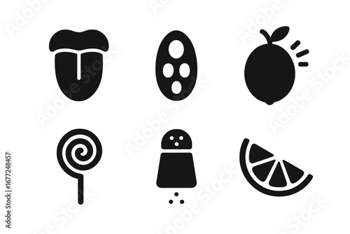 Taste icons solid glyph set. Sweet, sour, salty flavor symbols. Tongue, taste bud, lemon, salt shaker, lollipop. Vector illustration for food concepts and the five senses.