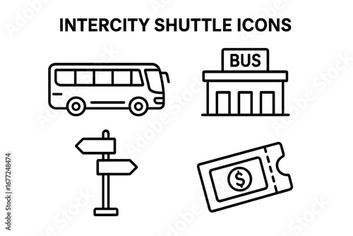 Intercity shuttle bus outline icons. Vector set of public transportation elements, including coach, bus terminal, route signpost, and travel ticket for web or app design.
